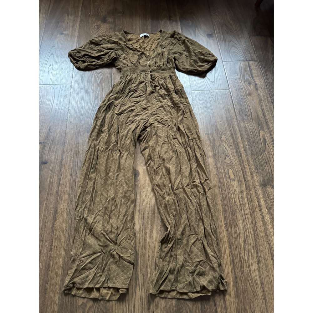 Urban Outfitters Olive Brown Medallion Print Wide Leg Jumpsuit XS Smocked Waist